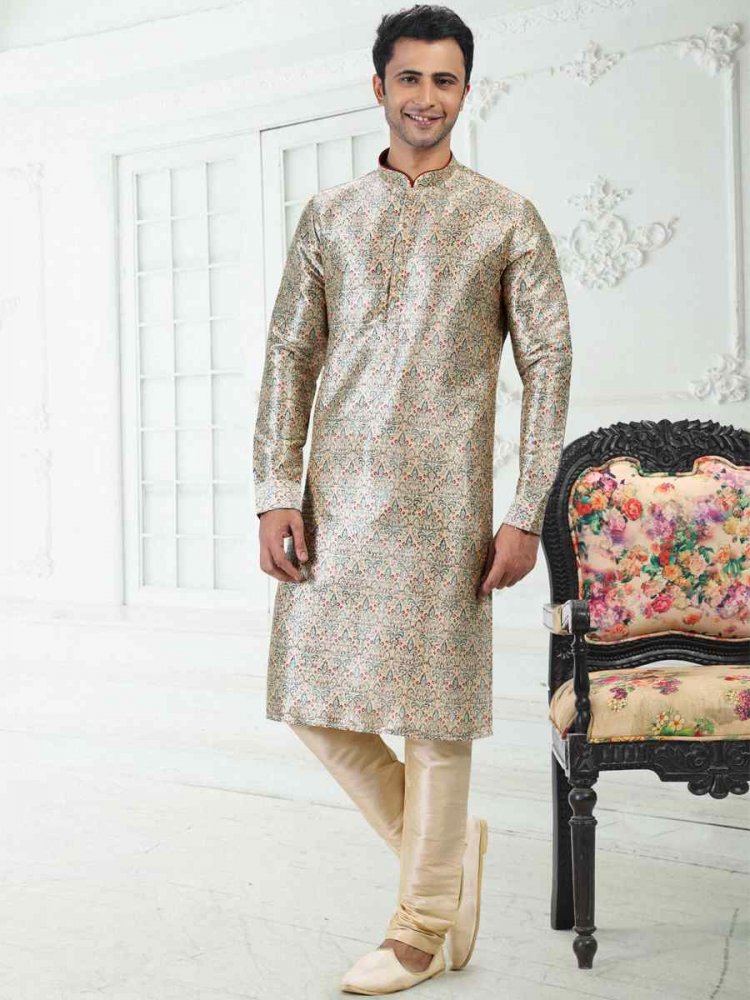 Cream Green Banarasi Silk Woven Festival Party Kurta