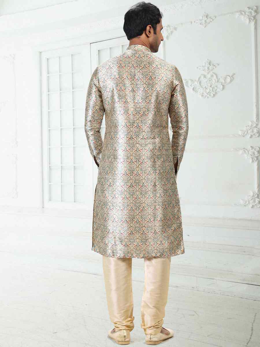 Cream Green Banarasi Silk Woven Festival Party Kurta