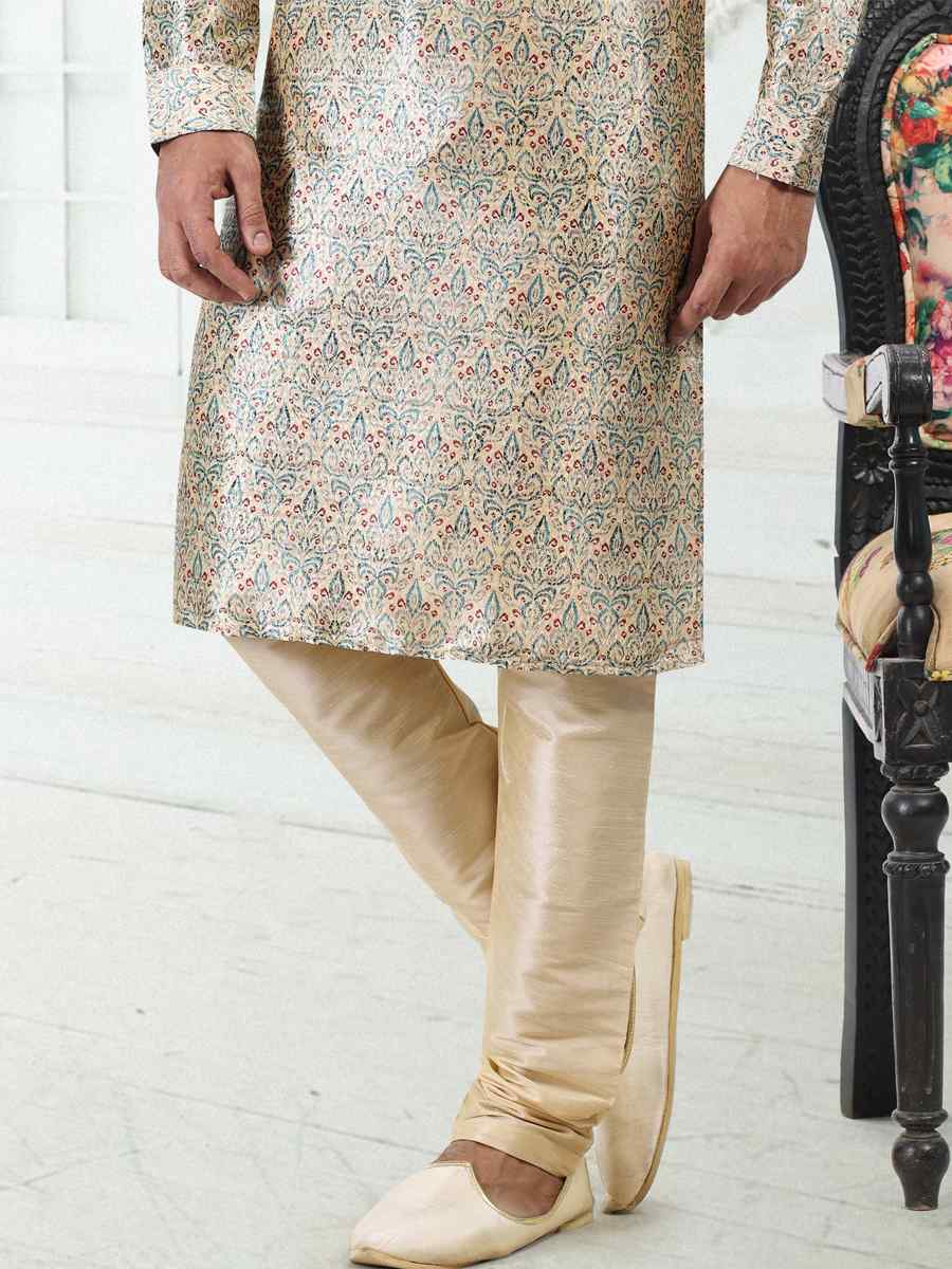 Cream Green Banarasi Silk Woven Festival Party Kurta