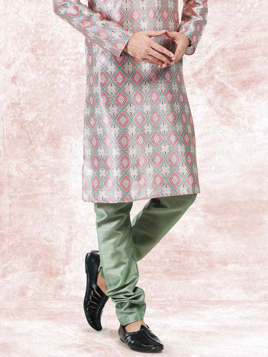 Cream Green Jacquard Banarasi Silk Woven Festival Wedding Kurta