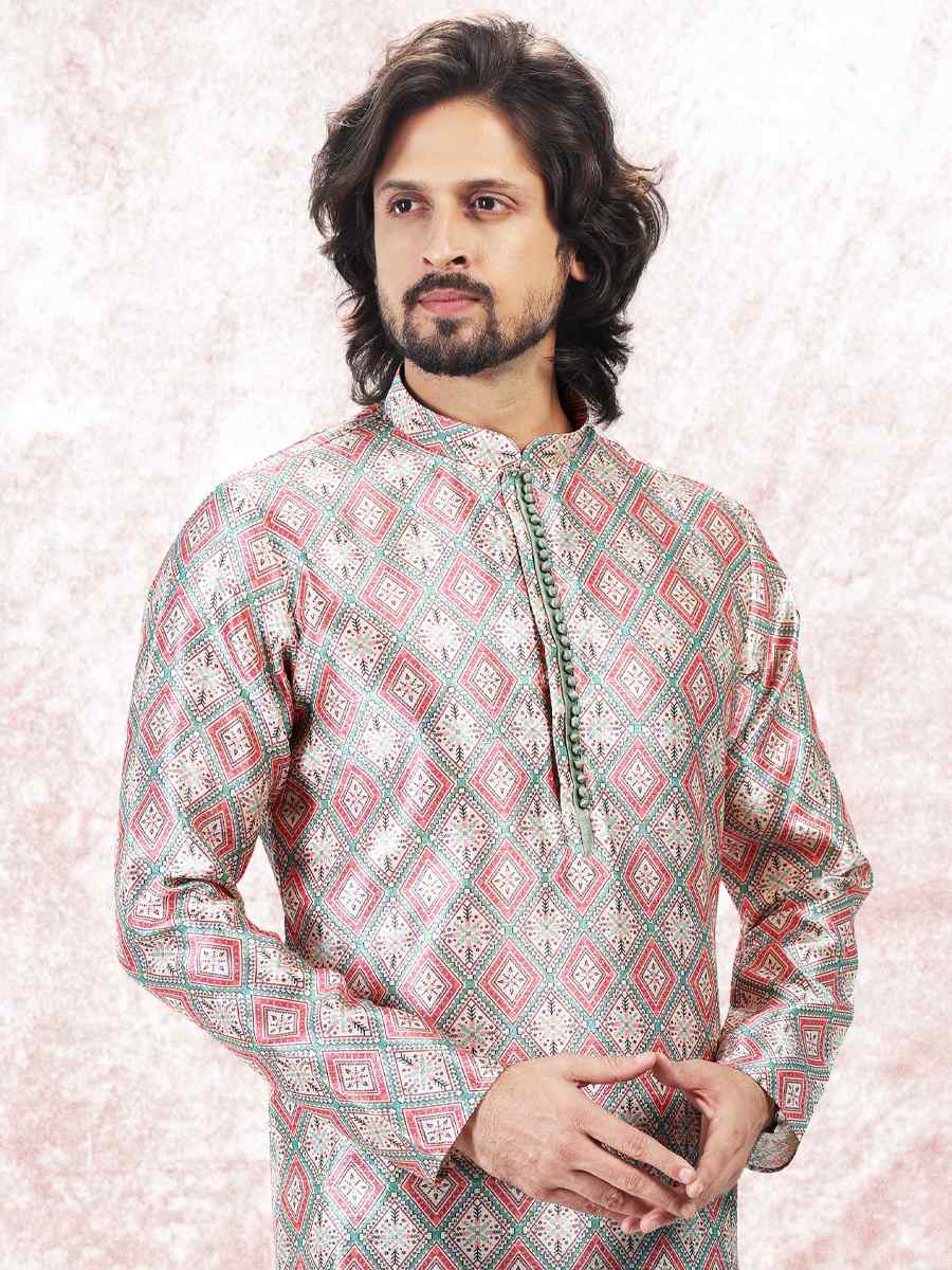Cream Green Jacquard Banarasi Silk Woven Festival Wedding Kurta
