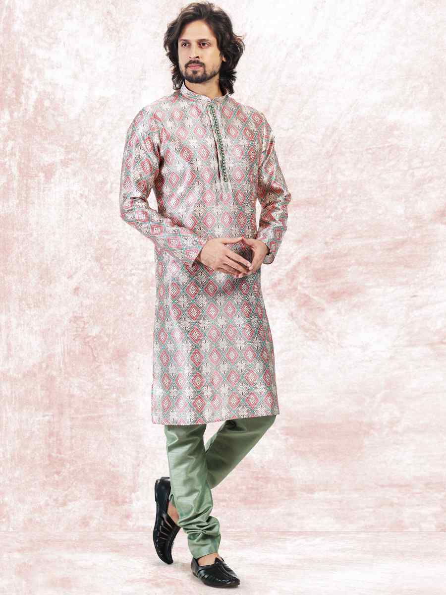 Cream Green Jacquard Banarasi Silk Woven Festival Wedding Kurta