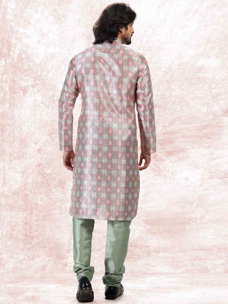 Cream Green Jacquard Banarasi Silk Woven Festival Wedding Kurta