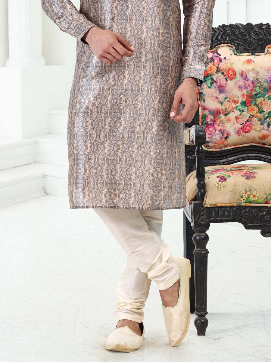 Cream Grey Banarasi Silk Printed Festival Wedding Kurta