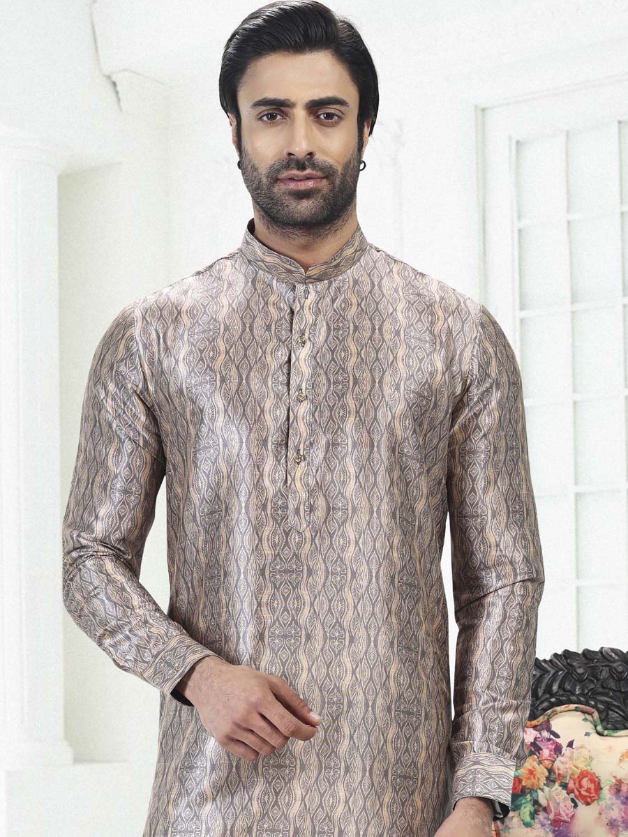 Cream Grey Banarasi Silk Printed Festival Wedding Kurta