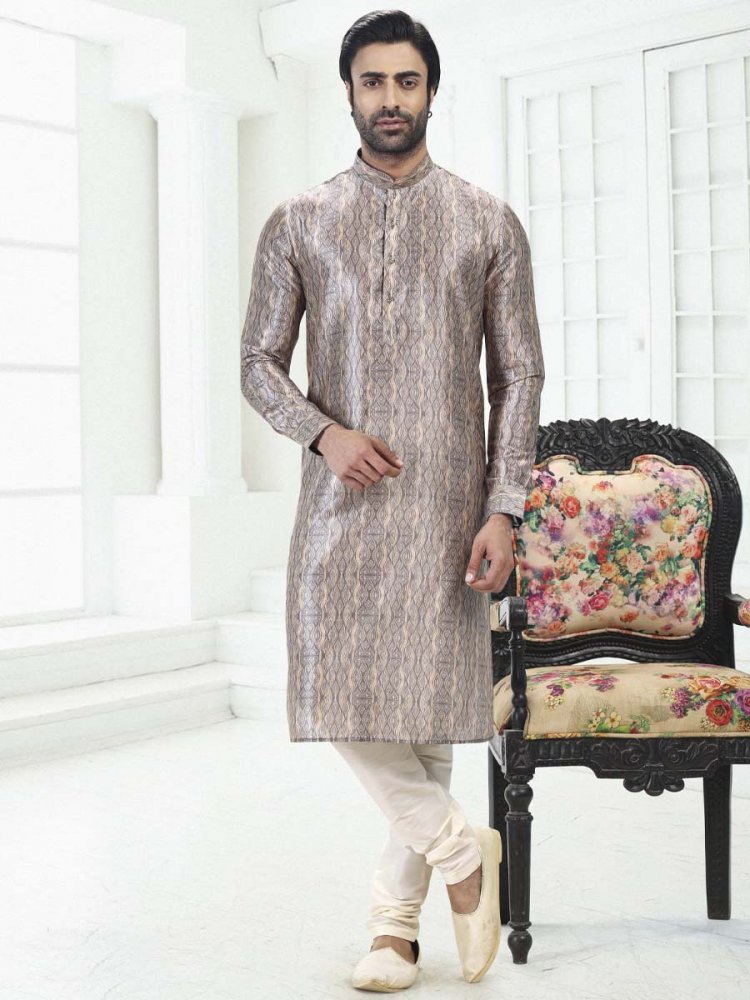 Cream Grey Banarasi Silk Printed Festival Wedding Kurta