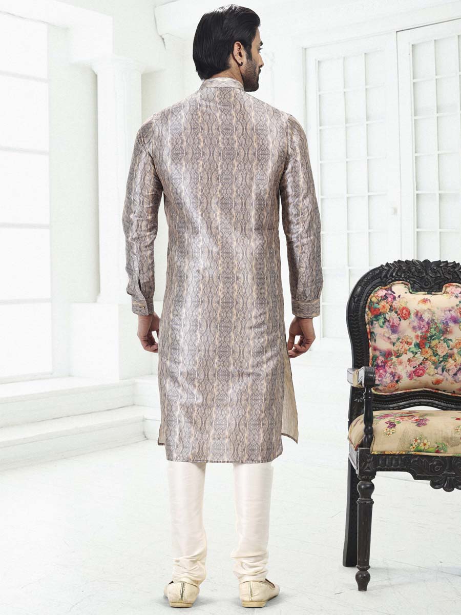 Cream Grey Banarasi Silk Printed Festival Wedding Kurta