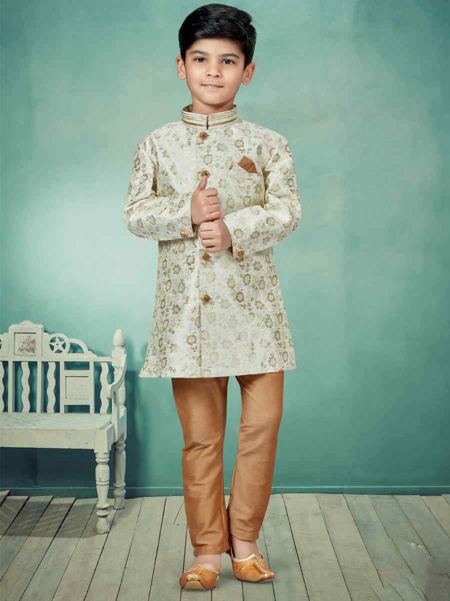 Cream Heavy Banarasi Jacquard Embroidered Party Festival Kurta Pyjama Boys Wear