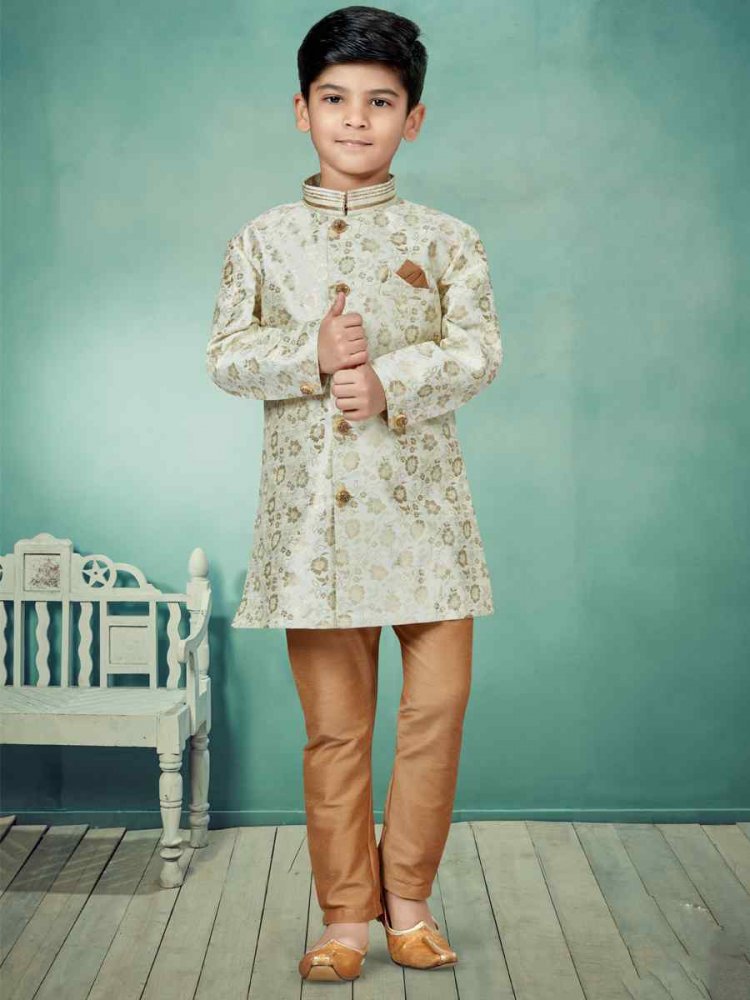 Cream Heavy Banarasi Jacquard Embroidered Party Festival Kurta Pyjama Boys Wear