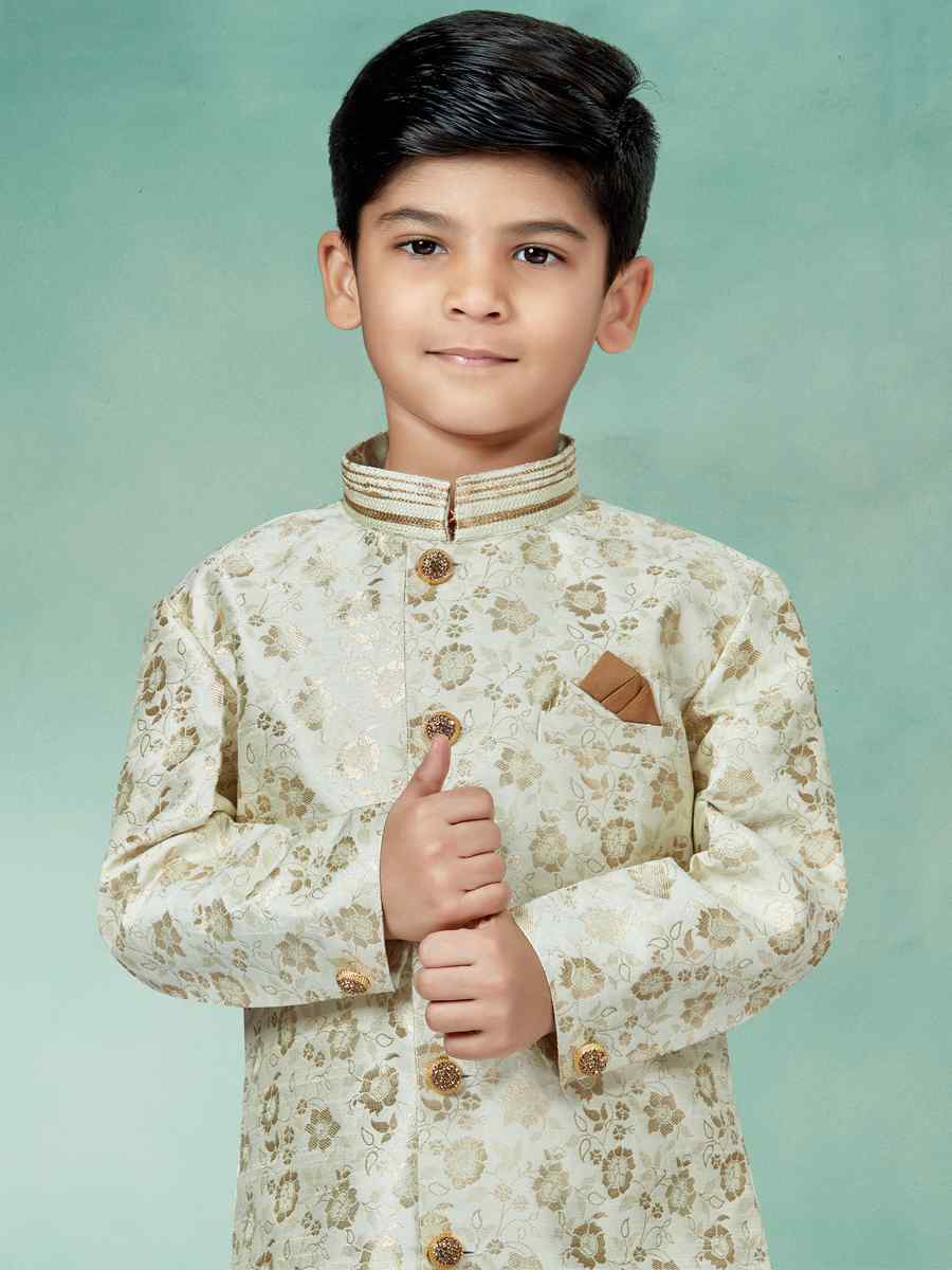 Cream Heavy Banarasi Jacquard Embroidered Party Festival Kurta Pyjama Boys Wear