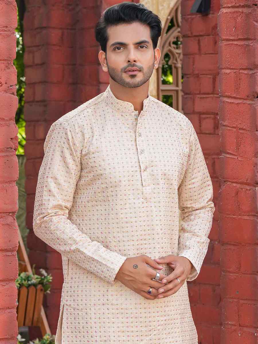 Cream Heavy Chennai Silk Embroidered Festival Kurta