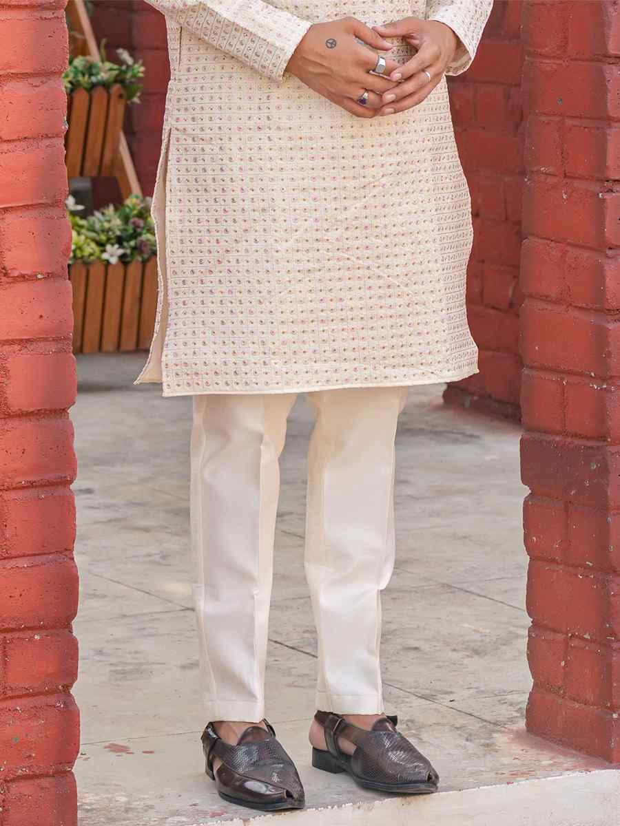 Cream Heavy Chennai Silk Embroidered Festival Kurta