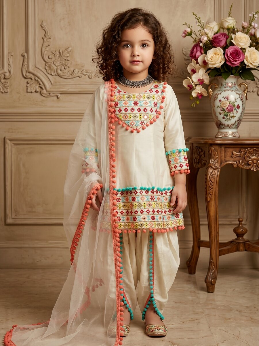 Cream Heavy Dull Satin Embroidery Mirrors Work With Heavy Less Traditional Ethnic Casual Festival Party Wedding Salwars Girls Wear