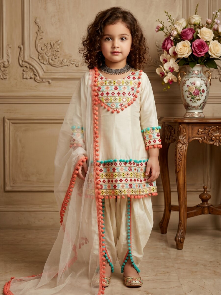 Image of Cream Heavy Dull Satin Embroidery Mirrors Work With Heavy Less Traditional Ethnic Casual Festival Party Wedding Salwars Girls Wear