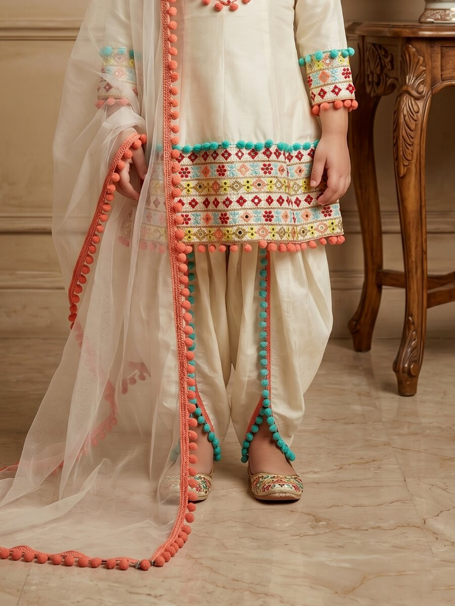 Cream Heavy Dull Satin Embroidery Mirrors Work With Heavy Less Traditional Ethnic Casual Festival Party Wedding Salwars Girls Wear