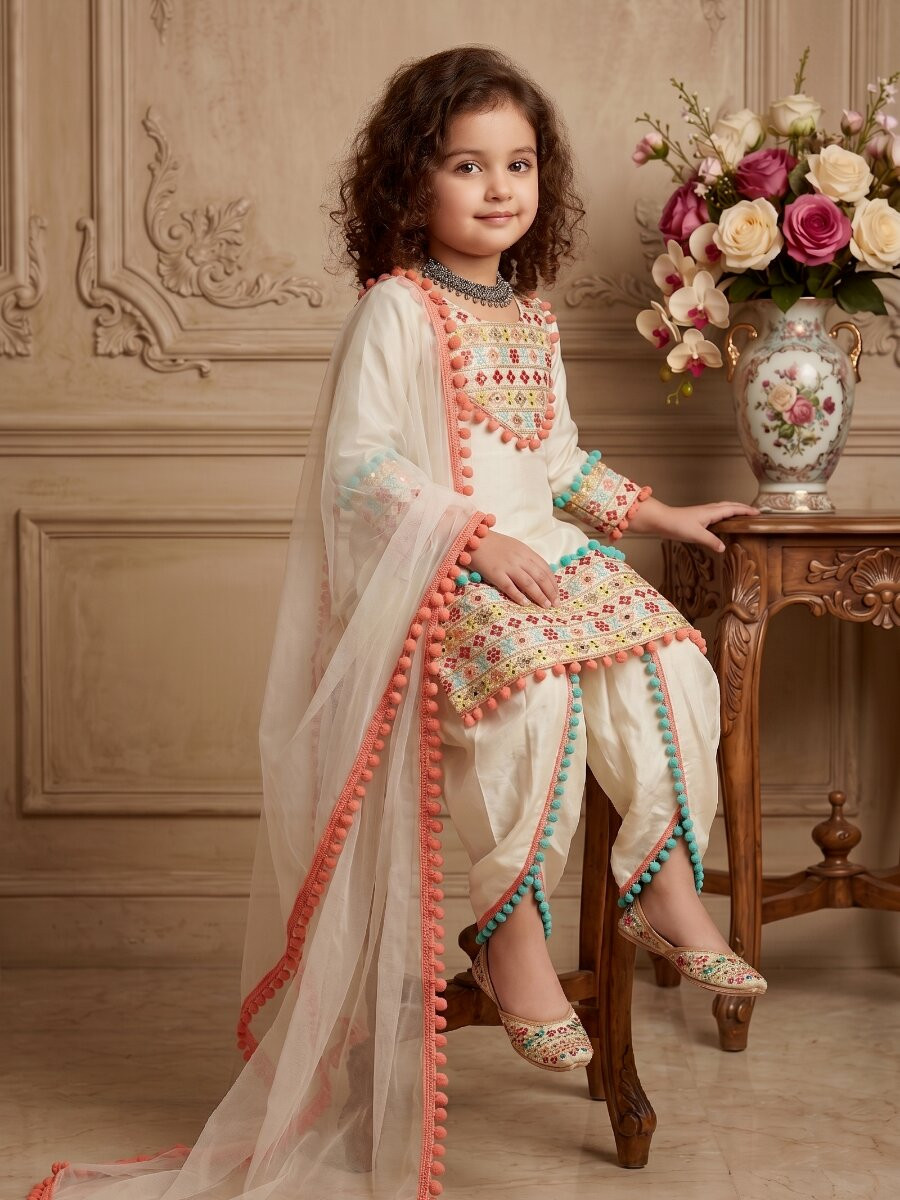Cream Heavy Dull Satin Embroidery Mirrors Work With Heavy Less Traditional Ethnic Casual Festival Party Wedding Salwars Girls Wear