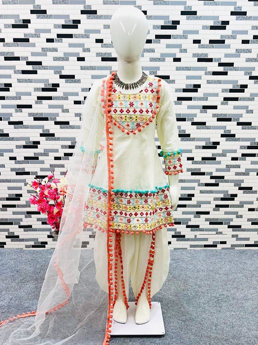 Cream Heavy Dull Satin Embroidery Mirrors Work With Heavy Less Traditional Ethnic Casual Festival Party Wedding Salwars Girls Wear