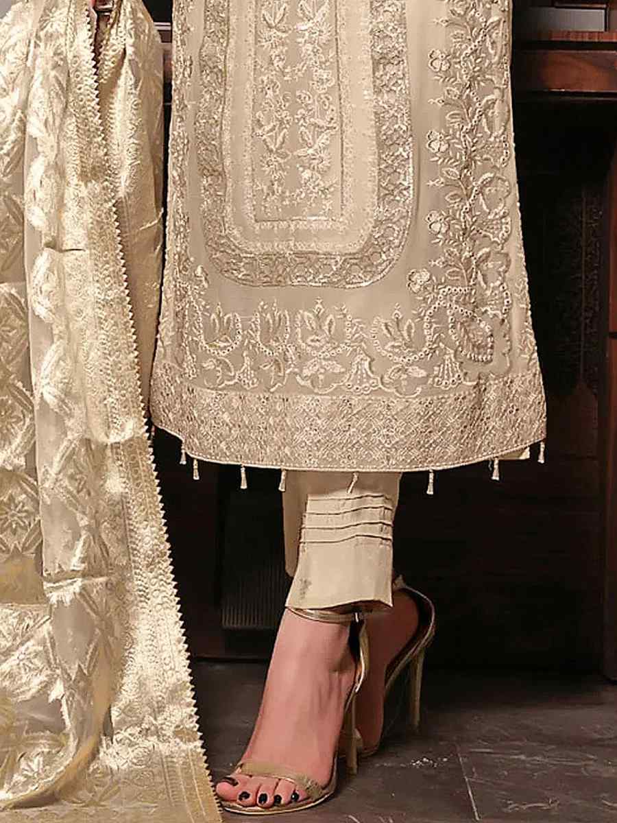 Cream Heavy Faux Georgette Embroidered Festival Party Pant Salwar Kameez