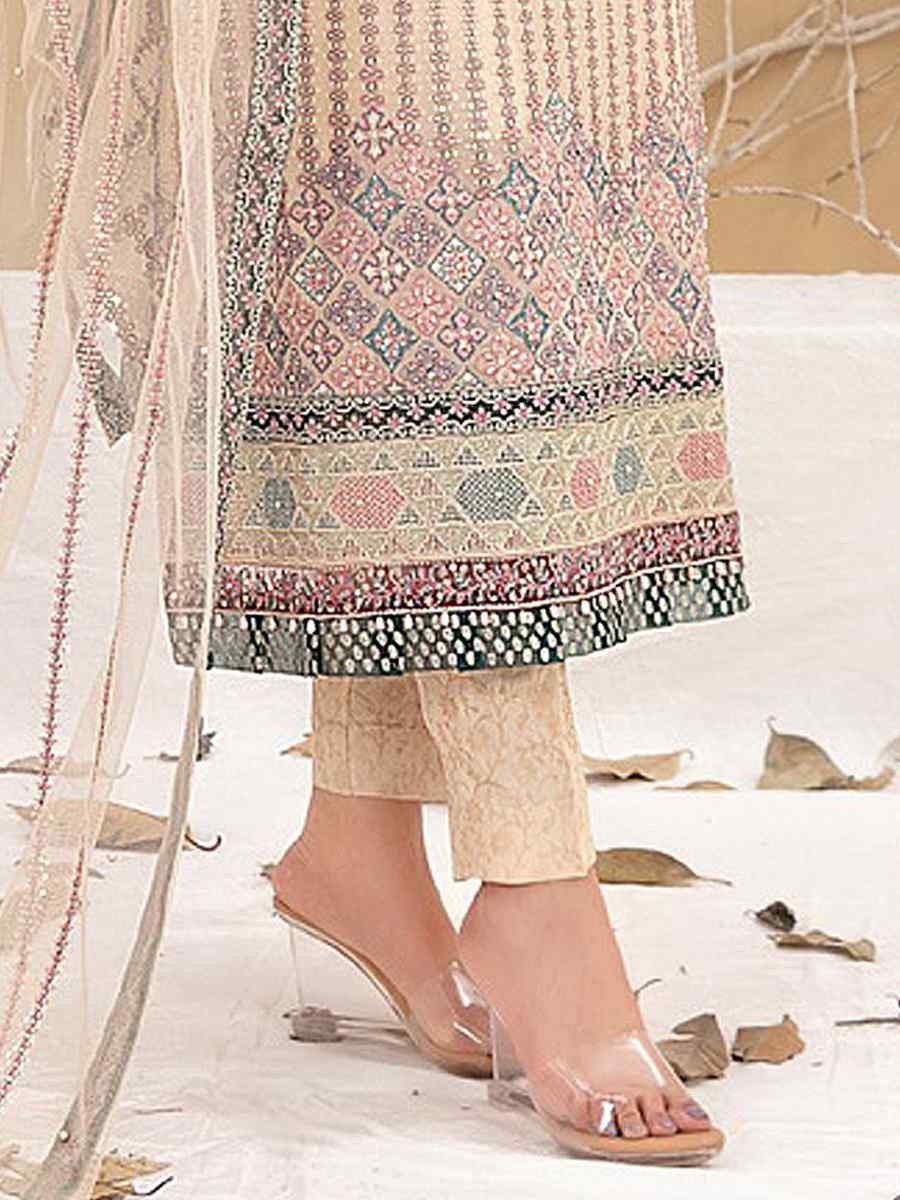 Cream Heavy Fox Georgette Embroidered Festival Casual Pant Salwar Kameez