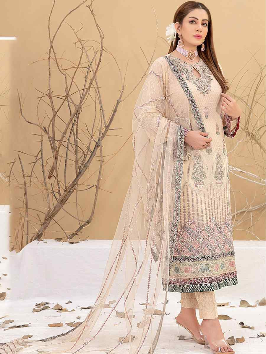 Cream Heavy Fox Georgette Embroidered Festival Casual Pant Salwar Kameez