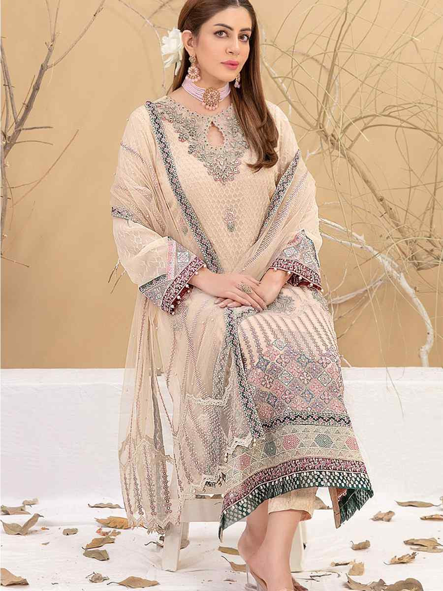 Cream Heavy Fox Georgette Embroidered Festival Casual Pant Salwar Kameez