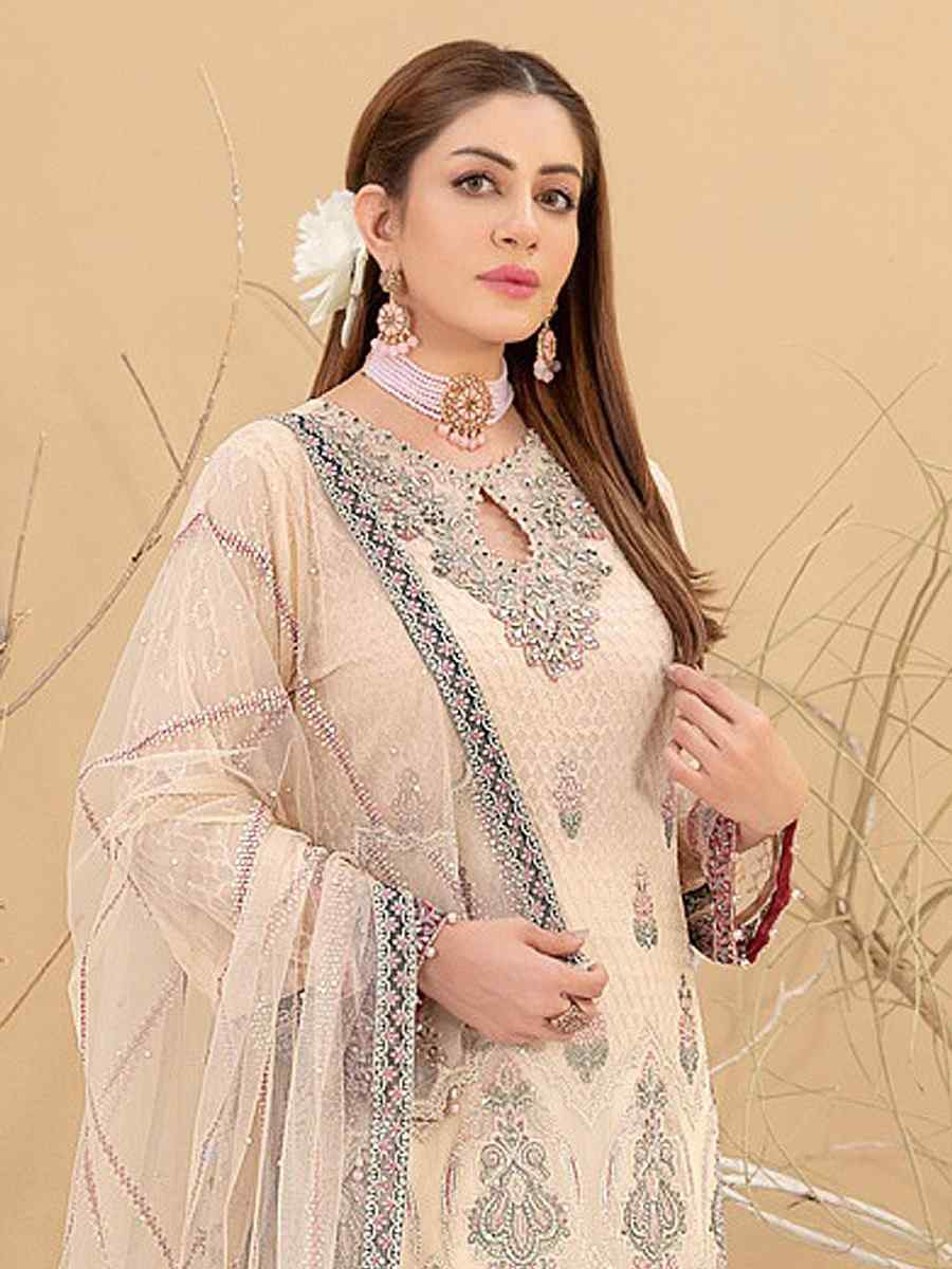 Cream Heavy Fox Georgette Embroidered Festival Casual Pant Salwar Kameez