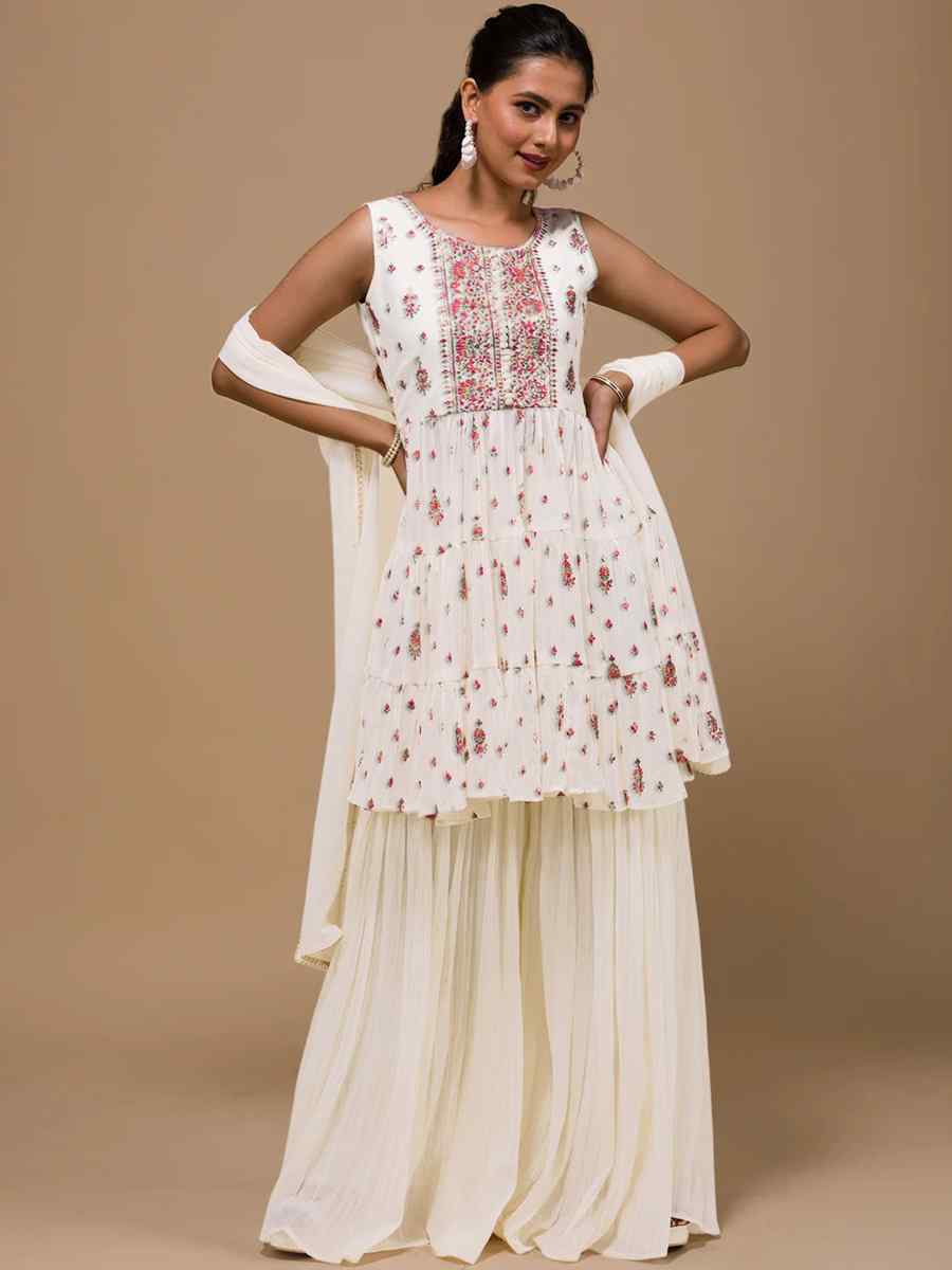 Cream Heavy Georgette Embroidered Festival Wedding Palazzo Pant Salwar Kameez