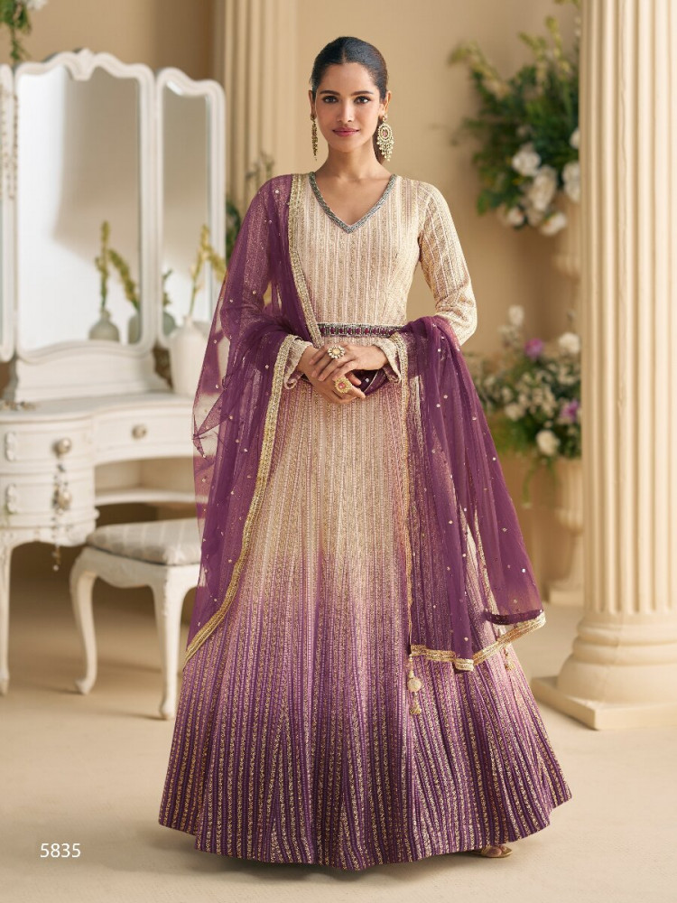 Image of Cream Heavy Georgette Embroidery Wedding Party Festival Casual Ready Anarkali Salwar Kameez