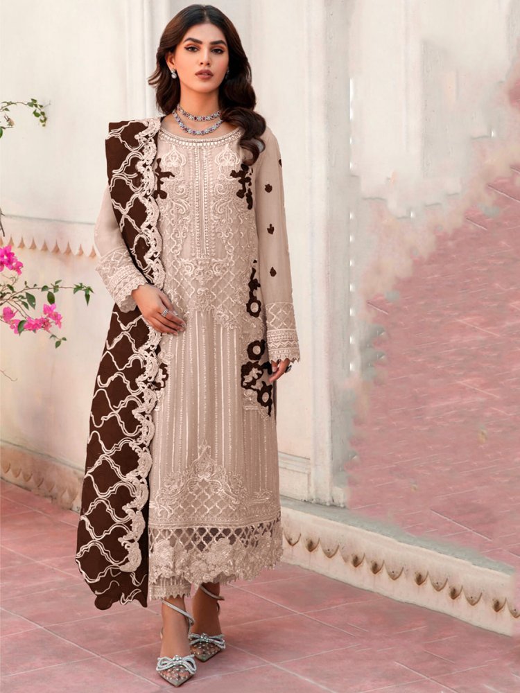 Cream Heavy Organza Embroidered Festival Wedding Pant Salwar Kameez