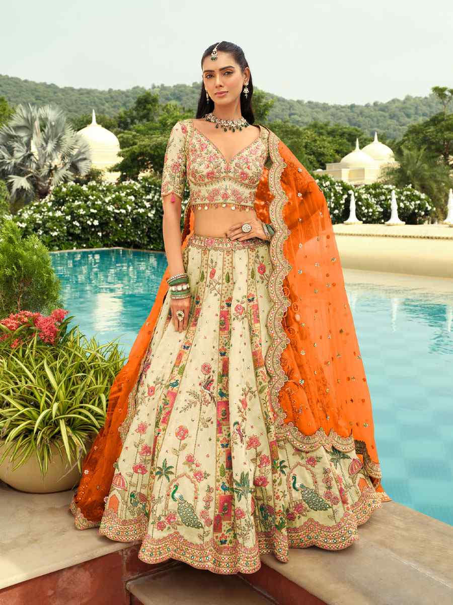Cream Heavy Pure Silk Embroidered Wedding Reception Festival Heavy Border Lehenga Choli