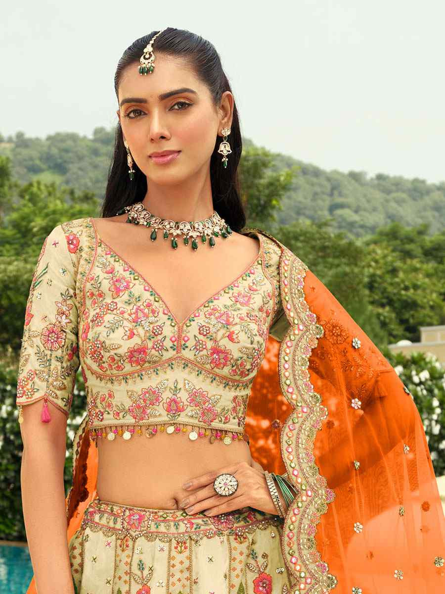 Cream Heavy Pure Silk Embroidered Wedding Reception Festival Heavy Border Lehenga Choli