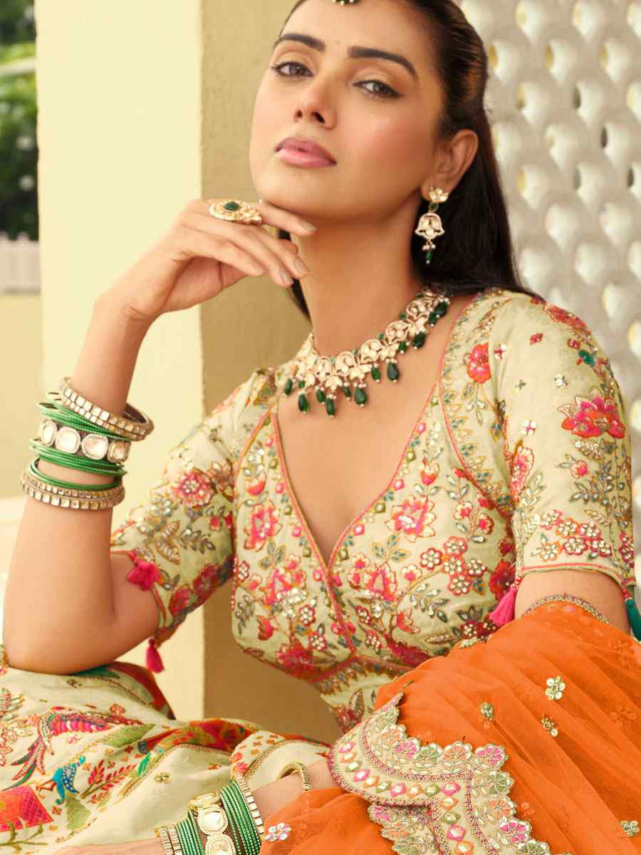 Cream Heavy Pure Silk Embroidered Wedding Reception Festival Heavy Border Lehenga Choli