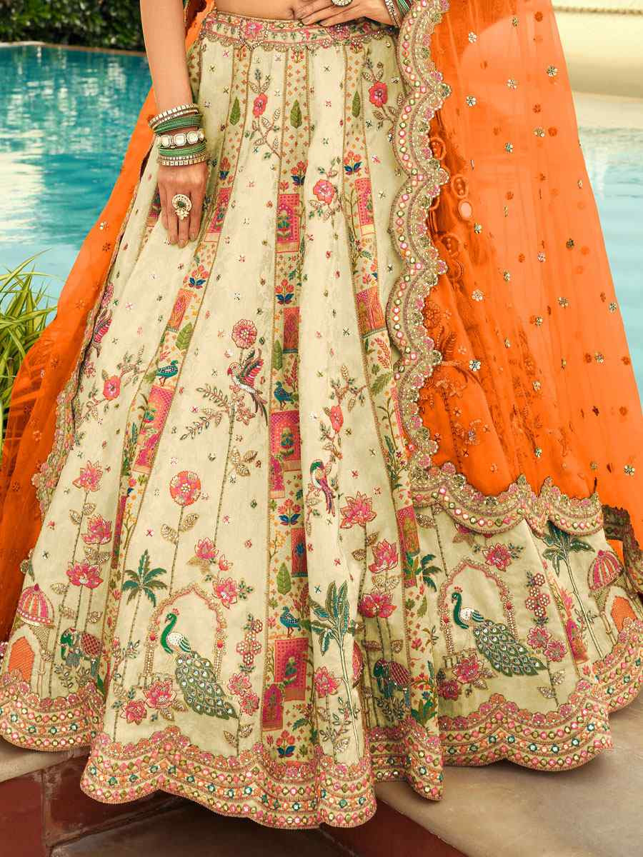 Cream Heavy Pure Silk Embroidered Wedding Reception Festival Heavy Border Lehenga Choli