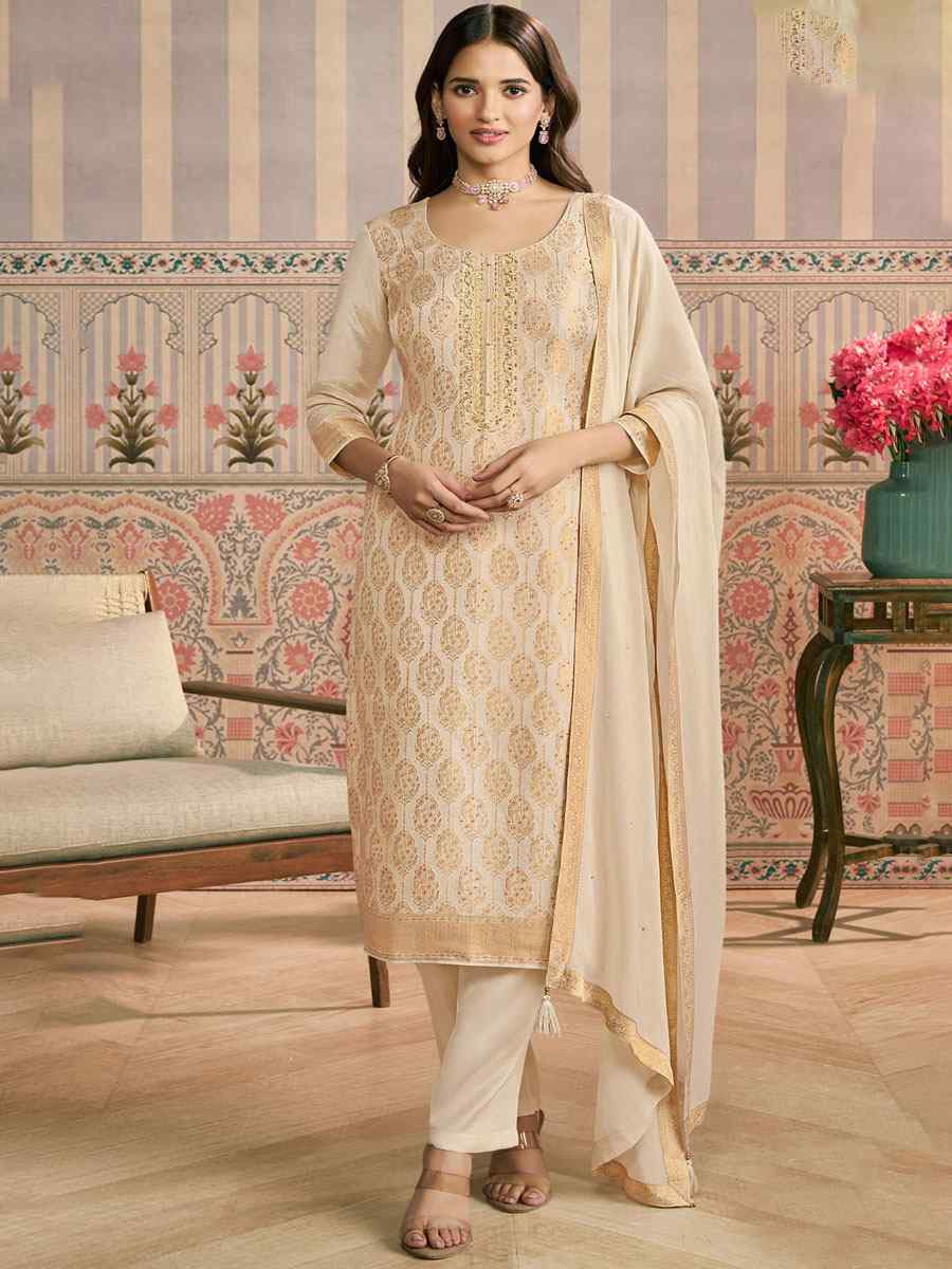 Cream Heavy Simar Jequard Silk Embroidered Festival Wedding Pant Salwar Kameez