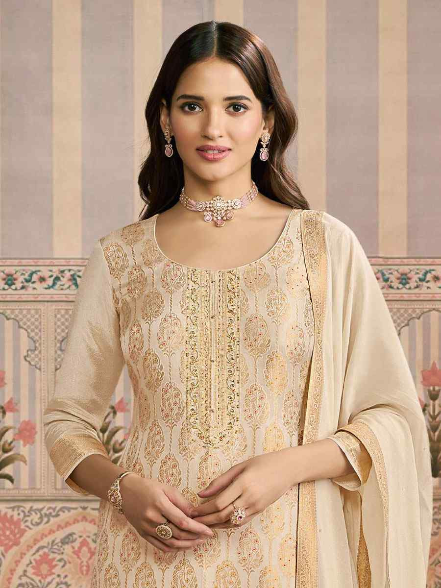 Cream Heavy Simar Jequard Silk Embroidered Festival Wedding Pant Salwar Kameez