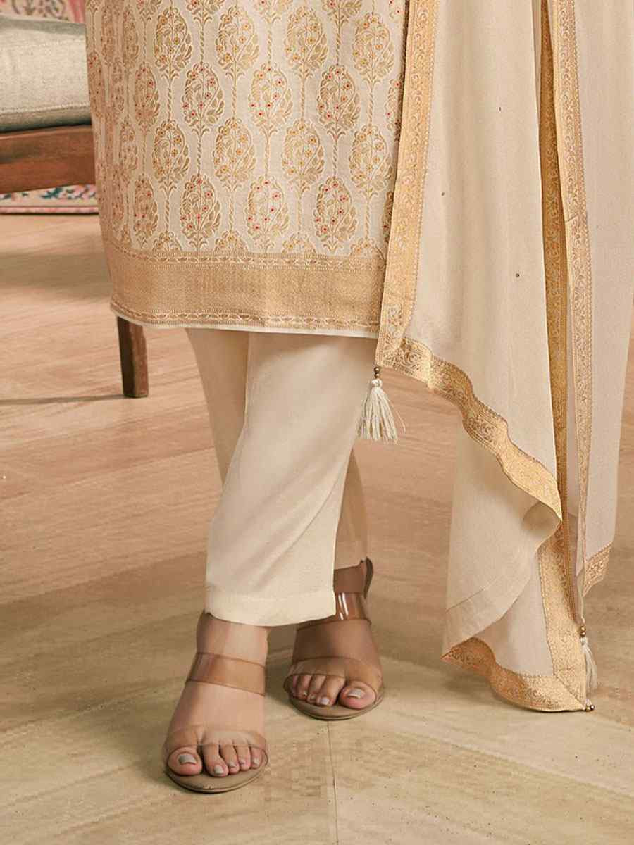 Cream Heavy Simar Jequard Silk Embroidered Festival Wedding Pant Salwar Kameez