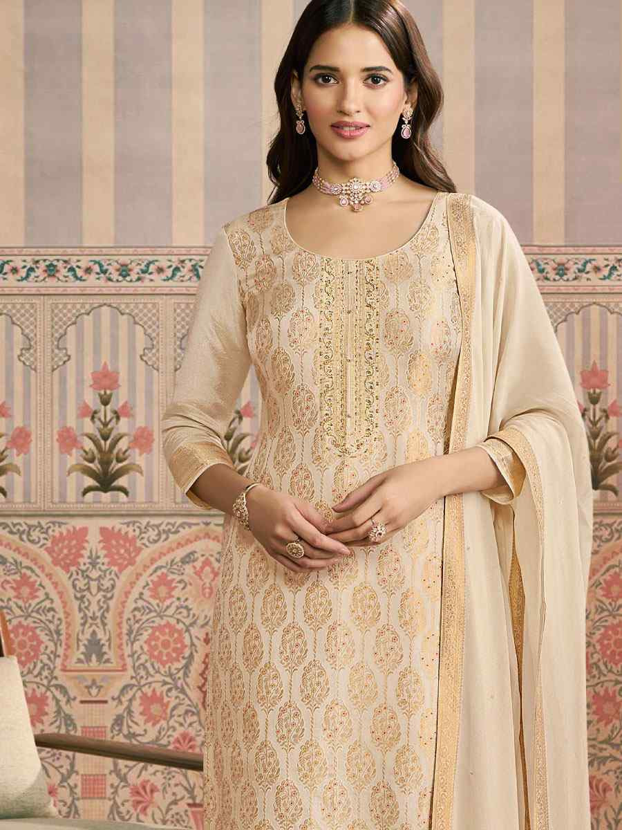 Cream Heavy Simar Jequard Silk Embroidered Festival Wedding Pant Salwar Kameez
