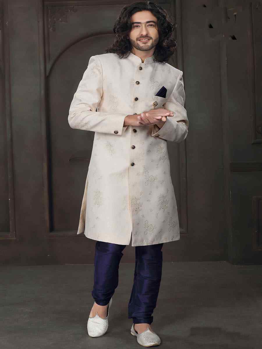 Cream Imported Woven Groom Wedding Sherwani