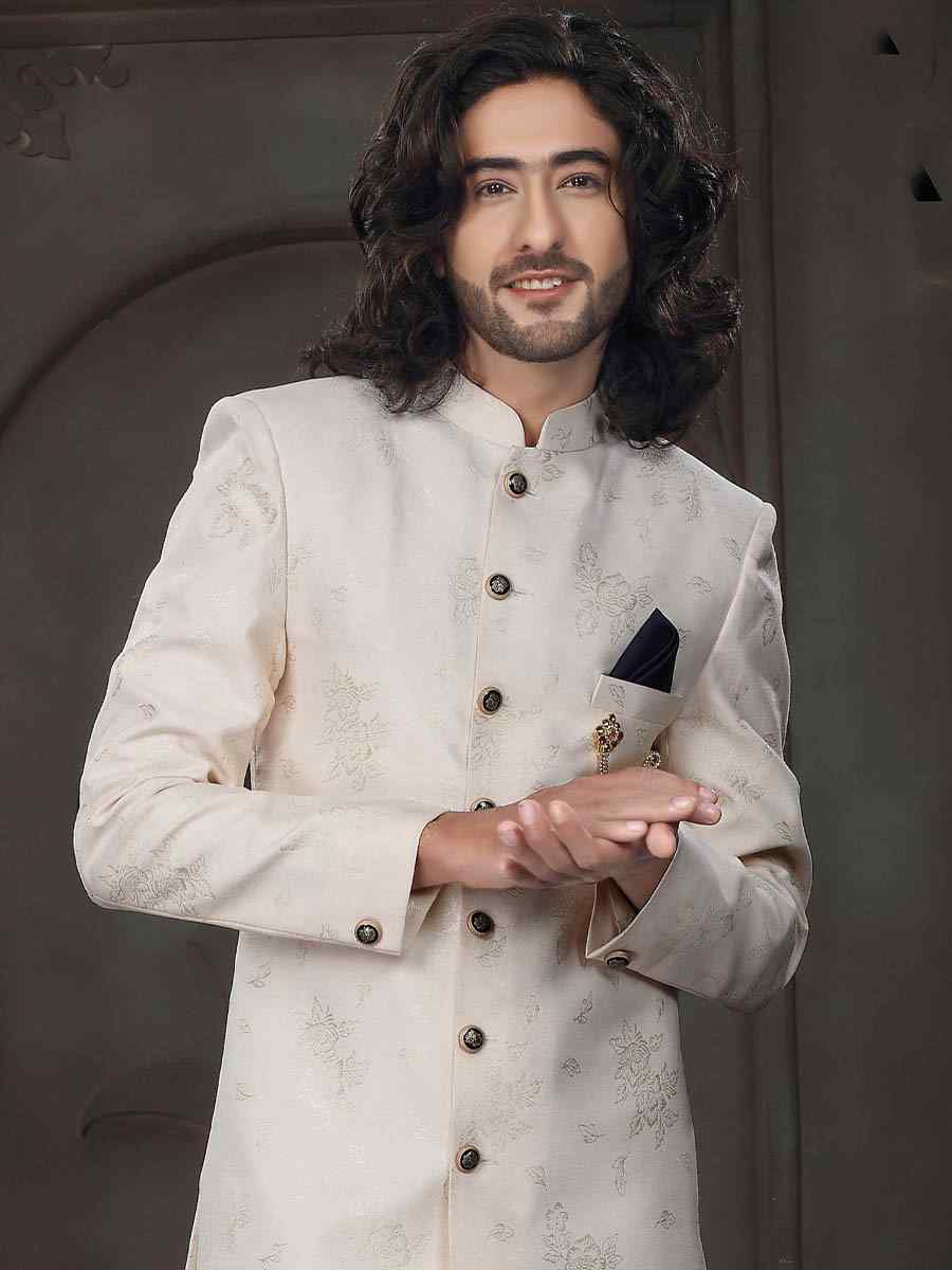 Cream Imported Woven Groom Wedding Sherwani