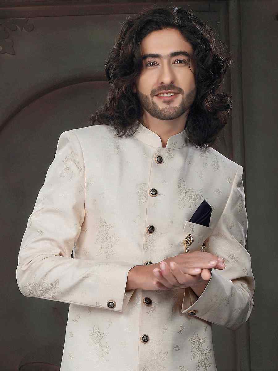 Cream Imported Woven Party Wedding Sherwani