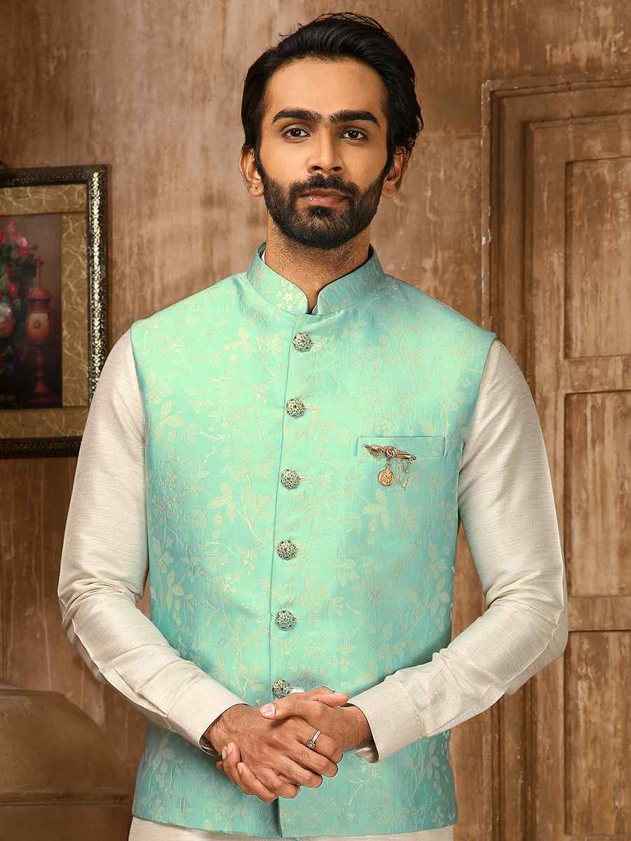 Cream Jacquard Embroidered Festival Kurta