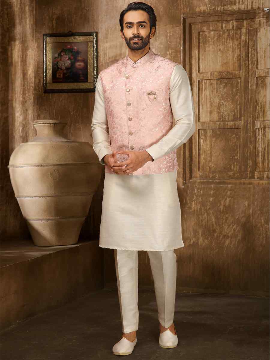 Cream Jacquard Embroidered Festival Kurta