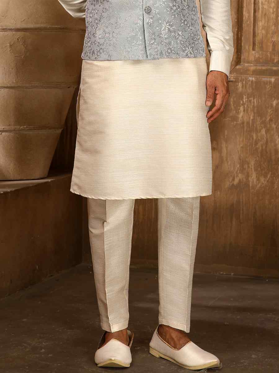 Cream Jacquard Embroidered Festival Kurta