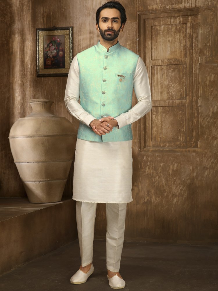 Cream Jacquard Embroidered Festival Kurta