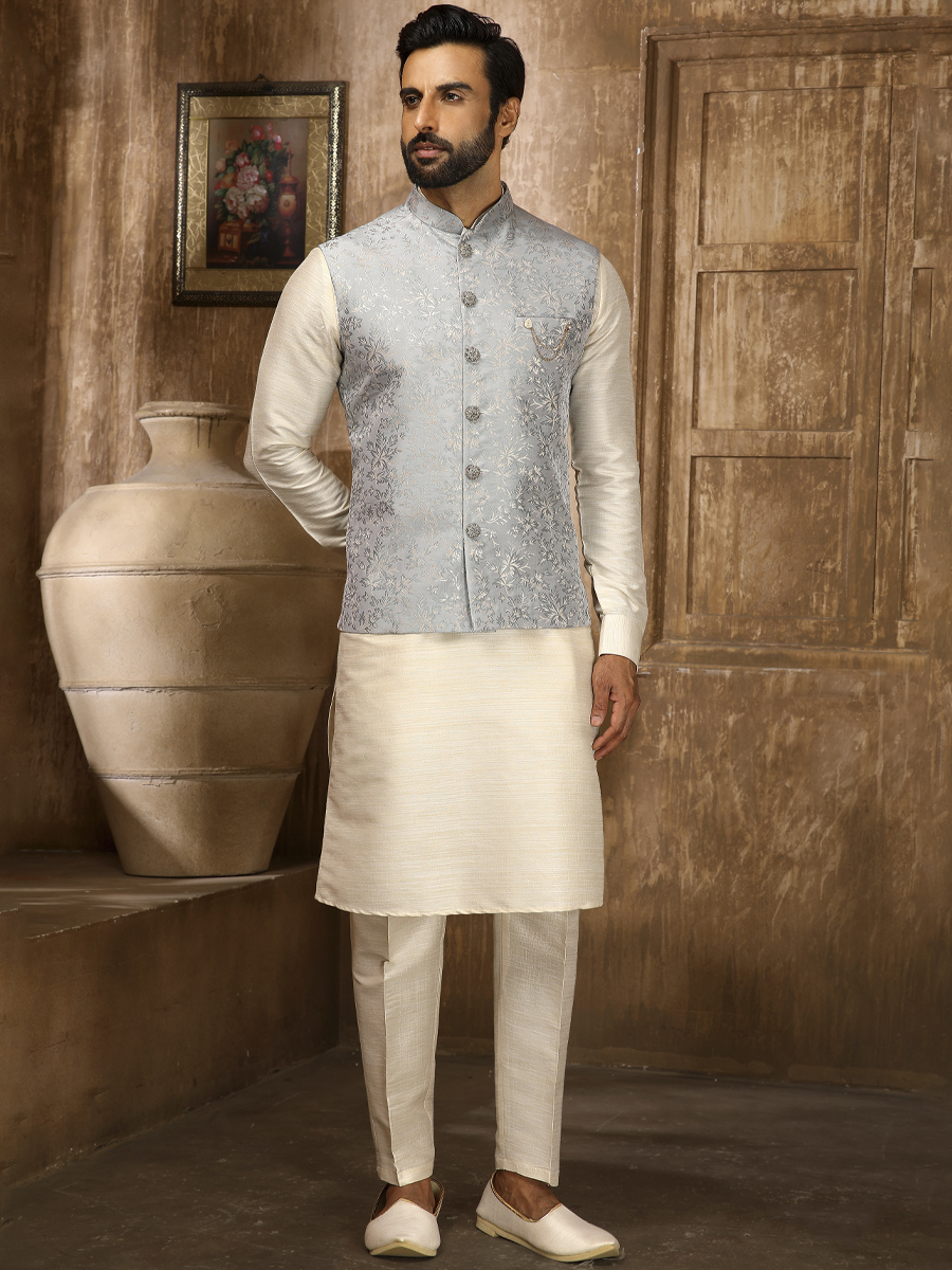 Cream Jacquard Embroidered Festival Kurta