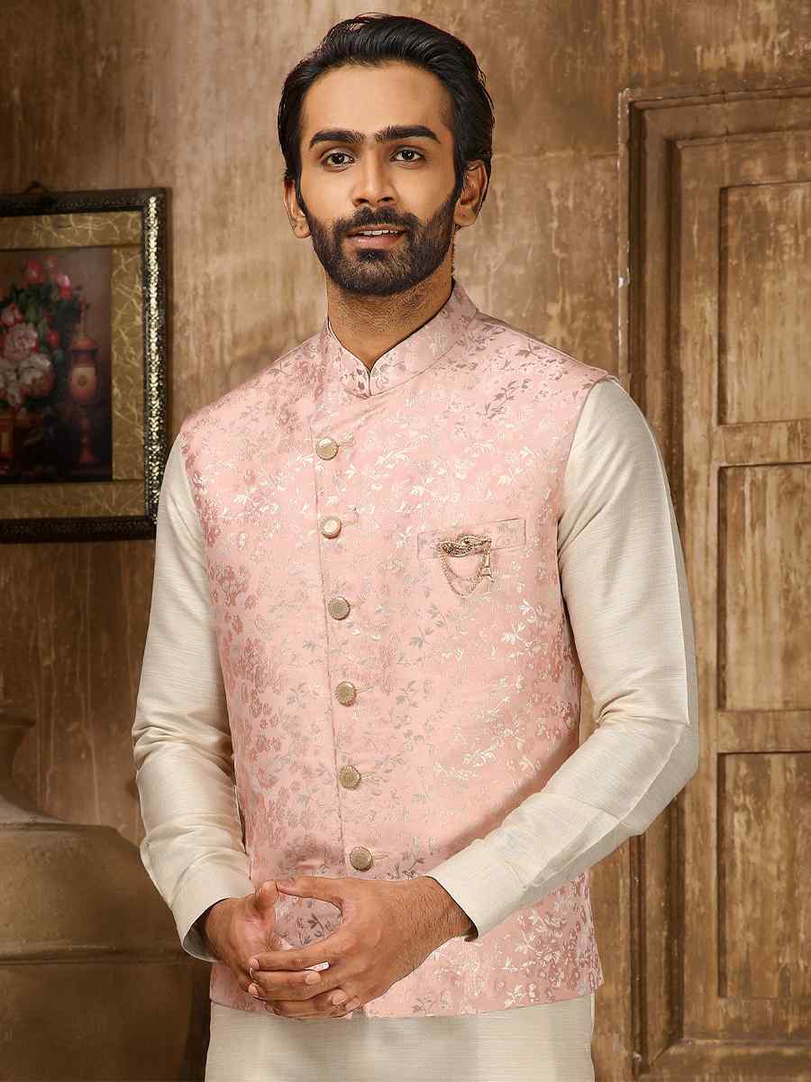 Cream Jacquard Embroidered Festival Kurta