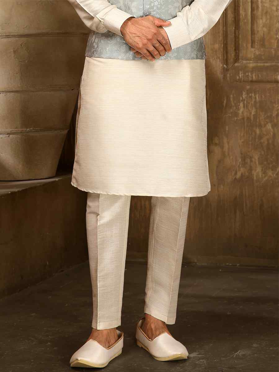 Cream Jacquard Embroidered Festival Kurta