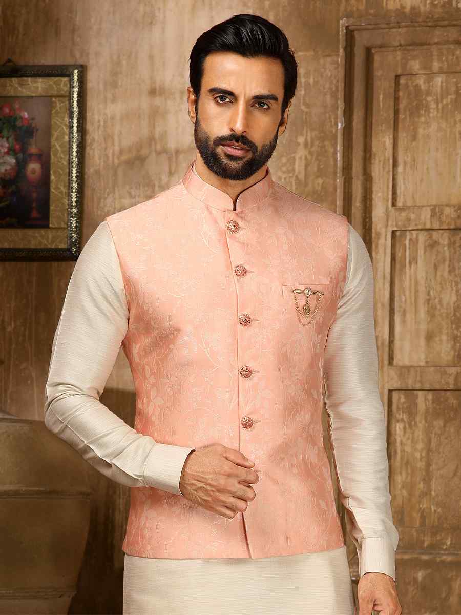 Cream Jacquard Embroidered Festival Kurta