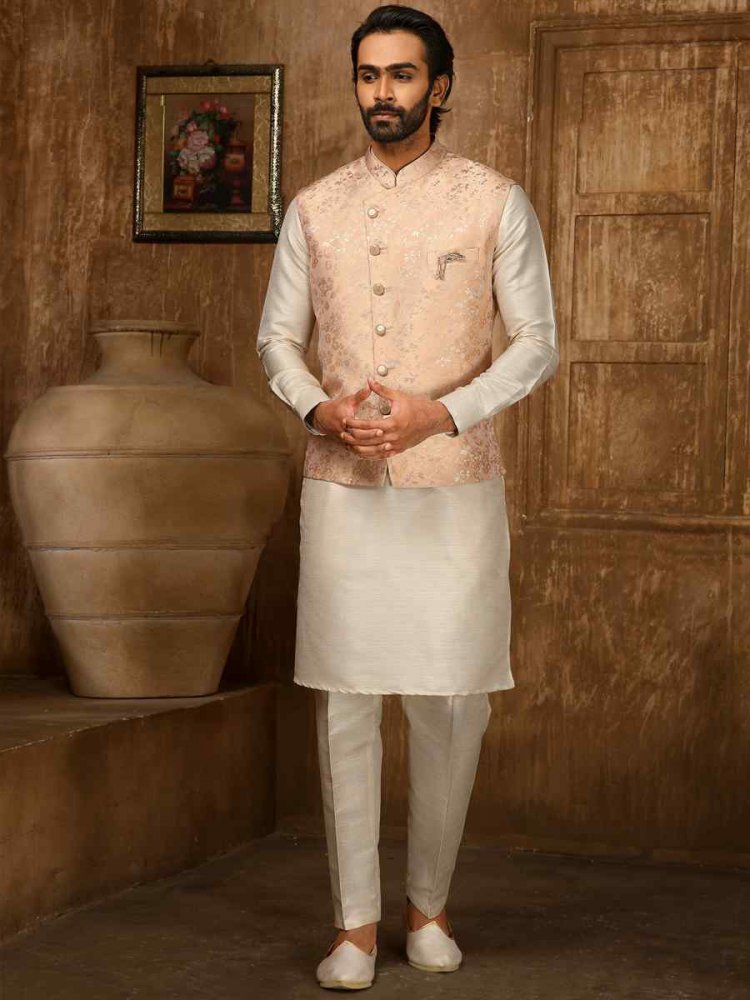 Cream Jacquard Embroidered Festival Kurta