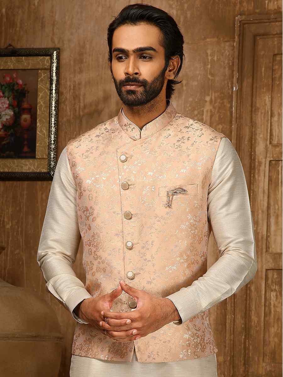 Cream Jacquard Embroidered Festival Kurta